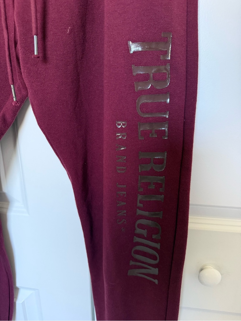 True Religion Mid Rise Jogger Large Logo on Leg Maroon Womens